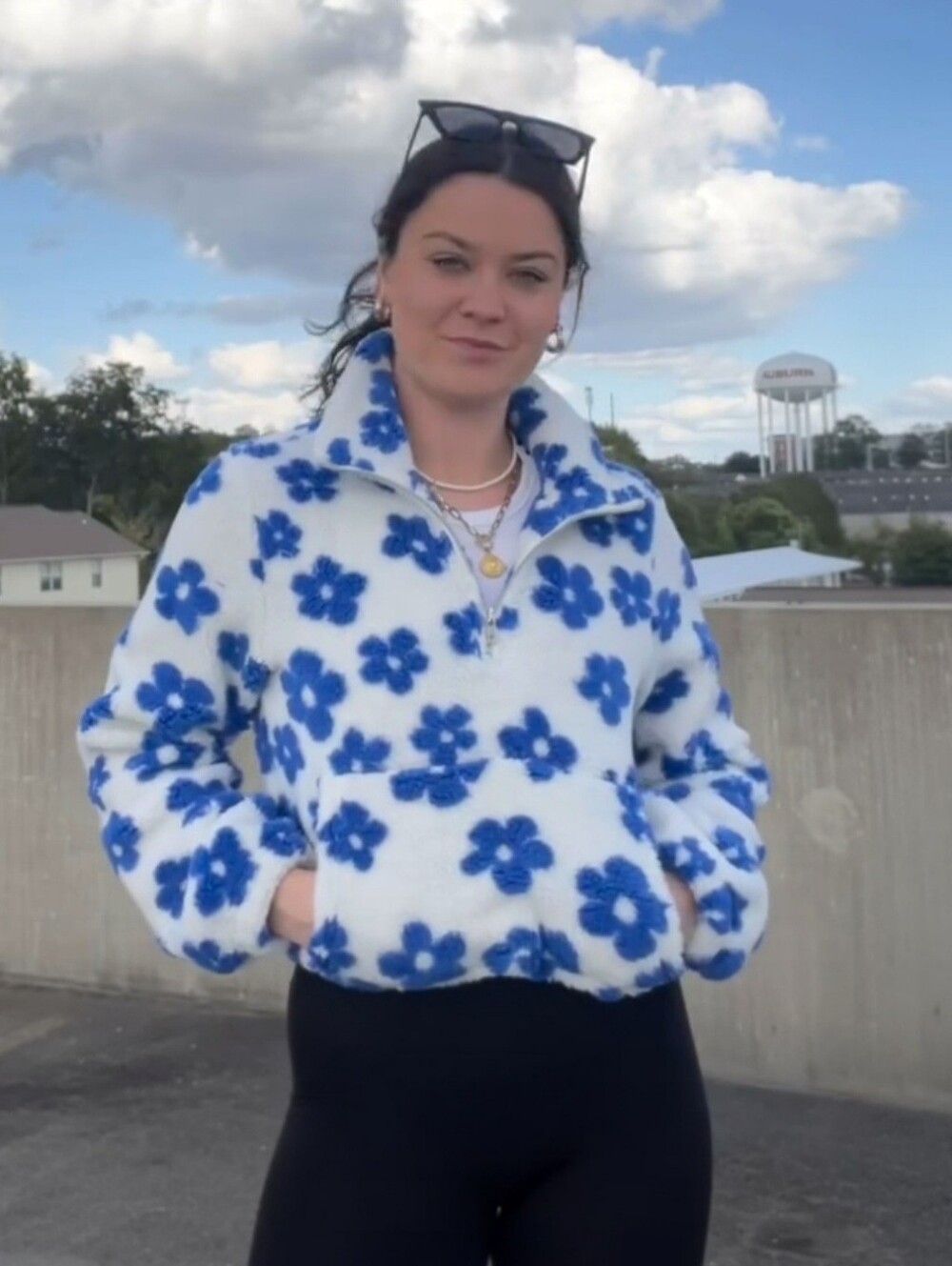 Pink Lily White Teddy Jacket with Blue Floral Print